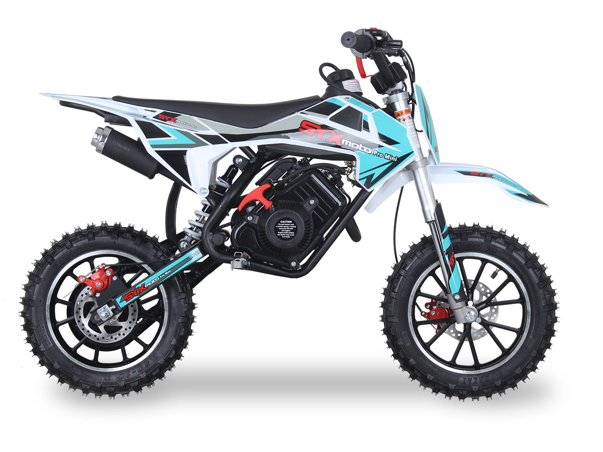 Teal/Grey - SYX PAD50-3 Mini Dirt Bike, 4 stroke 57.6cc OHV engine automatic transmission, pull start, F/R 10” aluminum wheel, oil damped suspension, mechanical disc brakes F/R