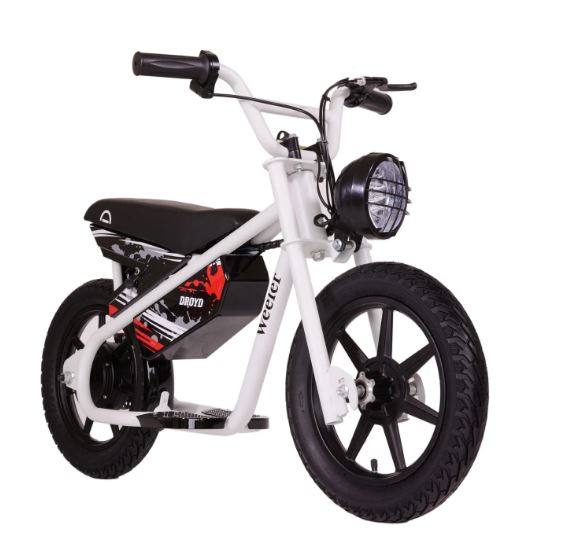 WHITE - Droyd Weeler Electric Mini Bike for Kids 6+, 200W, 6.2-10 MPH, 8 Miles Range, 14" Tire, 24V 8Ah Battery, 45 Min Run Time