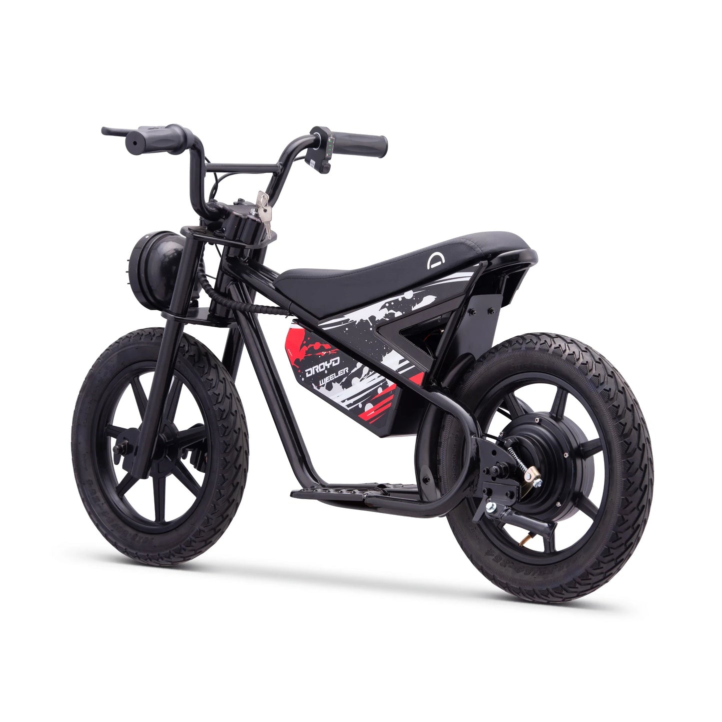 BLACK - The Droyd Weeler Electric Mini Bike - Electric Bike for Kids Ages 6 & Up - 200W Electric Bike w 6.2-10MPH up to 8 Miles - E Bike for Kids up to 45 Mins Run Time w 14in Tire, 24V 8Ah Battery