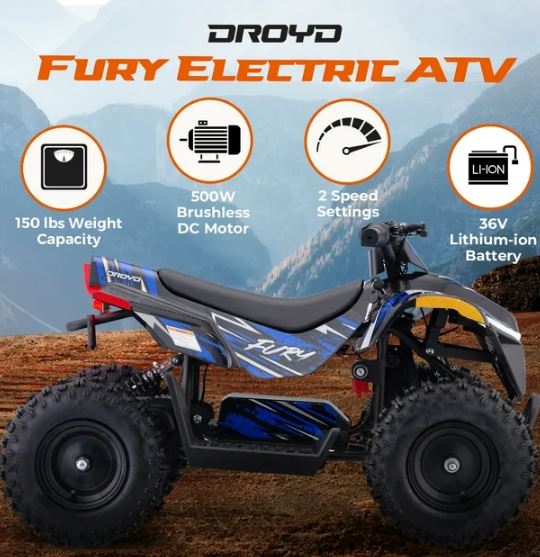 BLUE - Droyd Fury 500W Electric 4 Wheeler Quad Bike Kids Mini ATV with Throttle-Controlled Accelerator, 36V Lithium-Ion Battery