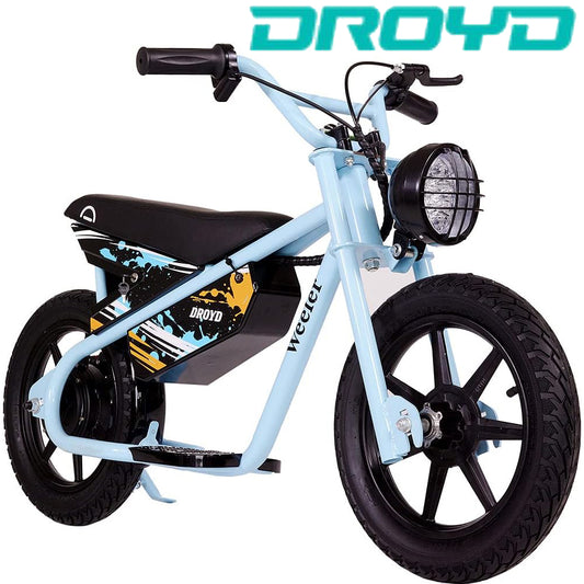 BLUE - The Droyd Weeler Electric Mini Bike - Electric Bike for Kids Ages 6 & Up - 200W Electric Bike w 6.2-10MPH up to 8 Miles - E Bike for Kids up to 45 Mins Run Time w 14in Tire, 24V 8Ah Battery