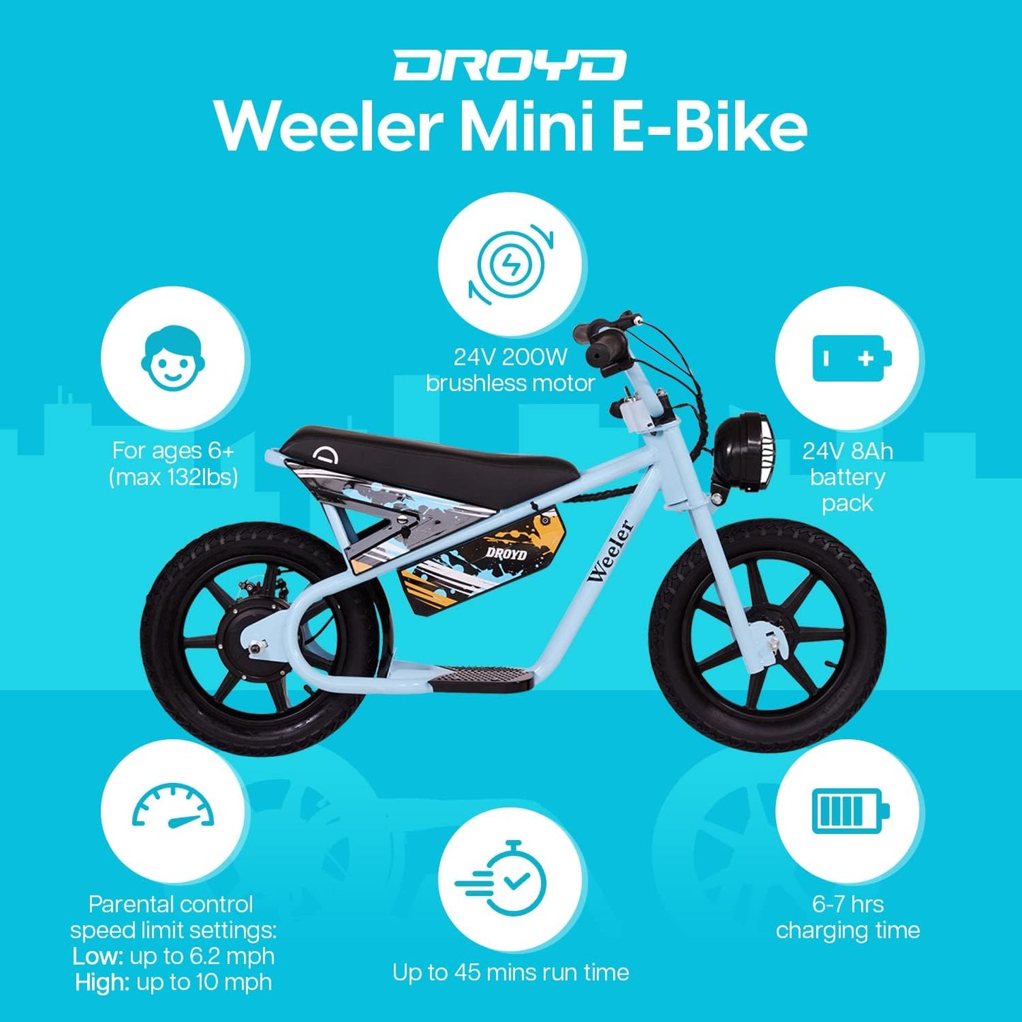 WHITE - The Droyd Weeler Electric Mini Bike - Electric Bike for Kids Ages 6 & Up - 200W Electric Bike w 6.2-10MPH up to 8 Miles - E Bike for Kids up to 45 Mins Run Time w 14in Tire, 24V 8Ah Battery