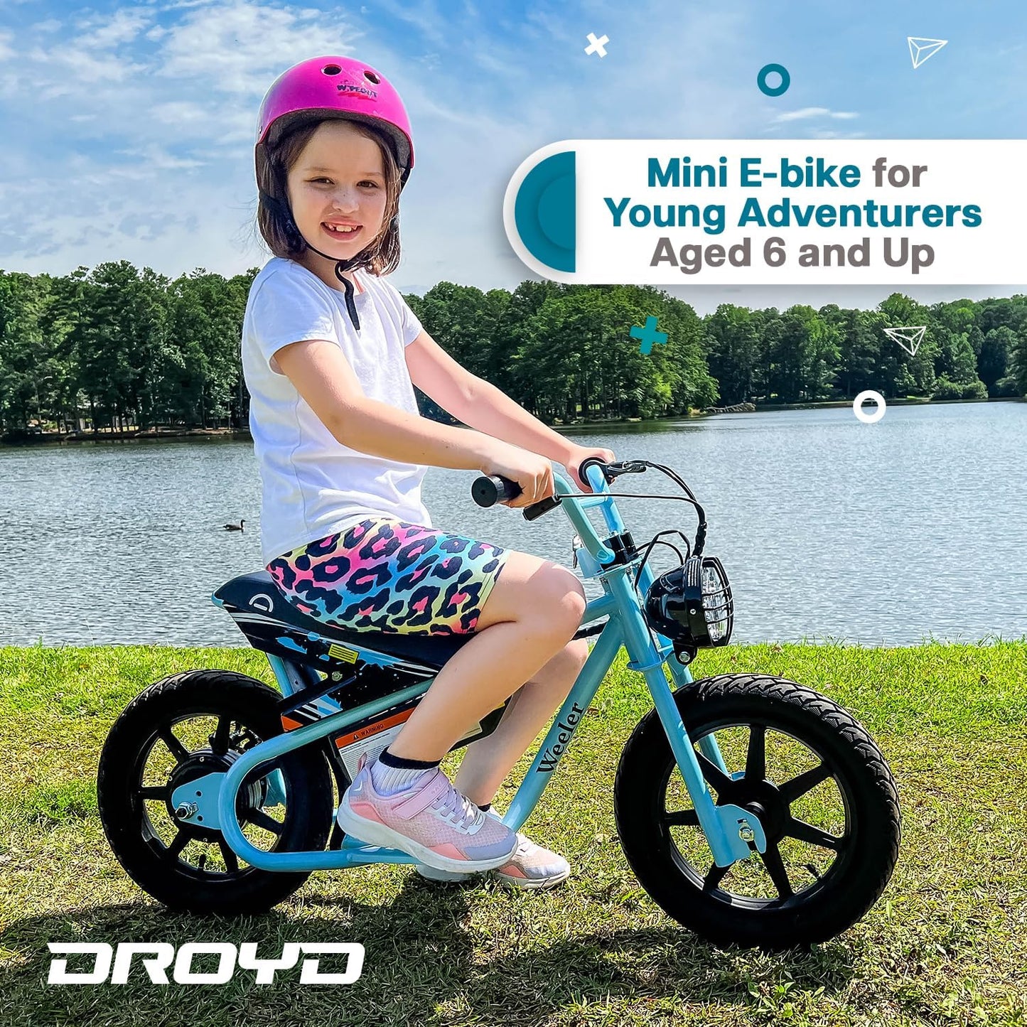 WHITE - The Droyd Weeler Electric Mini Bike - Electric Bike for Kids Ages 6 & Up - 200W Electric Bike w 6.2-10MPH up to 8 Miles - E Bike for Kids up to 45 Mins Run Time w 14in Tire, 24V 8Ah Battery