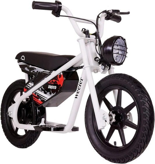 WHITE - The Droyd Weeler Electric Mini Bike - Electric Bike for Kids Ages 6 & Up - 200W Electric Bike w 6.2-10MPH up to 8 Miles - E Bike for Kids up to 45 Mins Run Time w 14in Tire, 24V 8Ah Battery